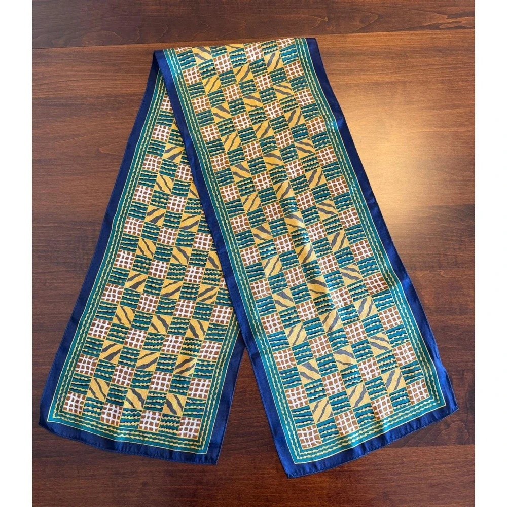 Vintage 80s ACUTE Silk‎ Scarf Navy Gold Geometric Animal Op Art Power Dressing
